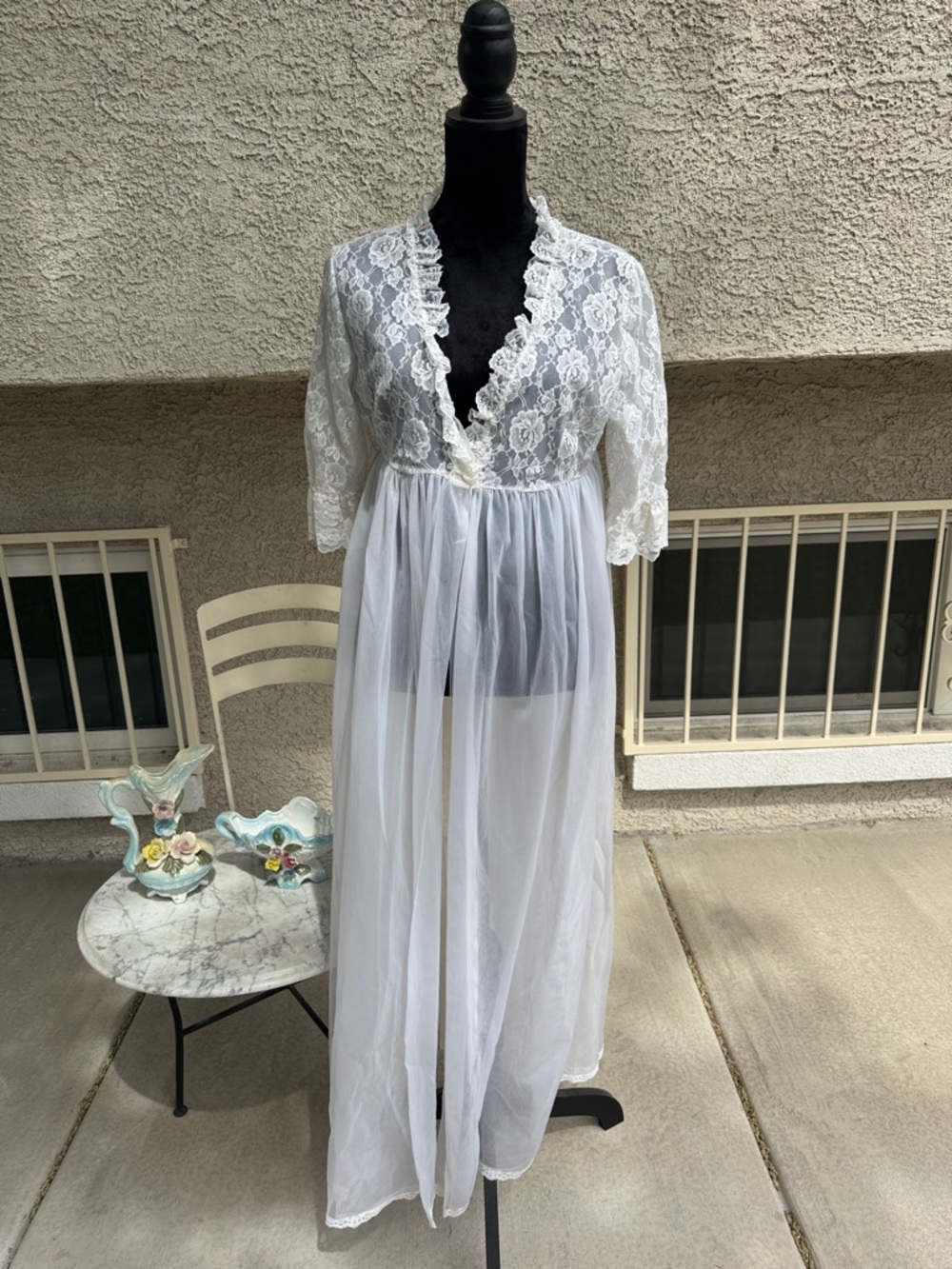 Vintage Teri-She White Lace Robe Duster | Sheer Bridal Lingerie | Romantic
